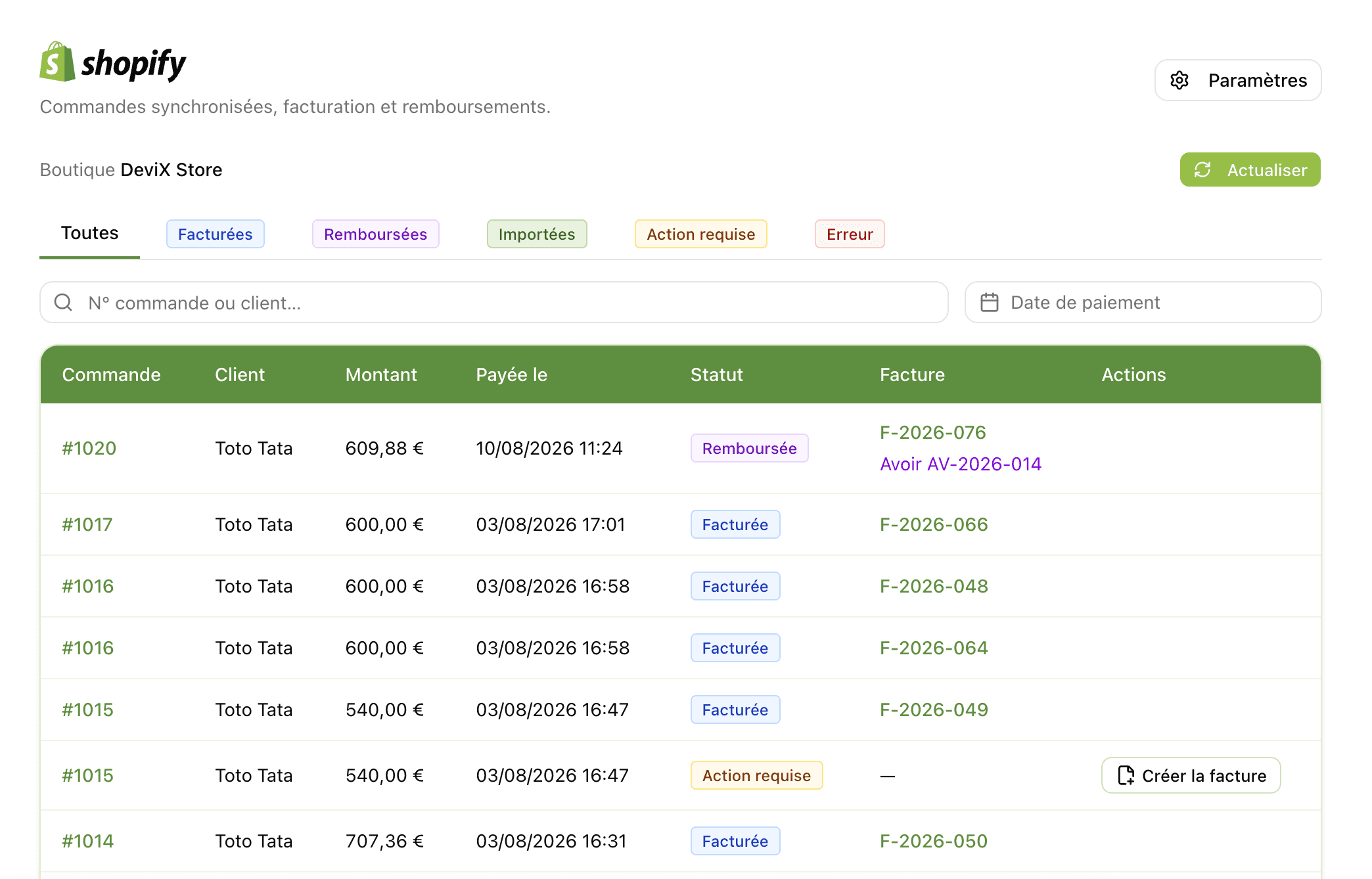 Interface DeviX — commandes Shopify synchronisées